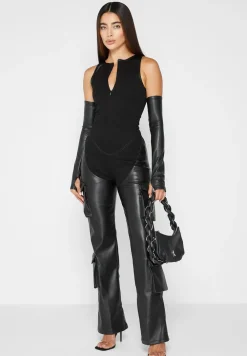 Bandage And Vegan Leather Racer Neck Cargo Pocket Jumpsuit