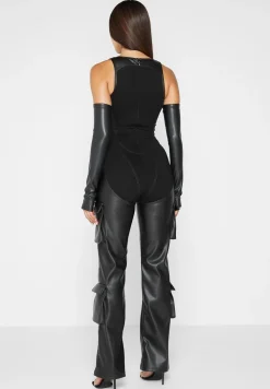 Bandage And Vegan Leather Racer Neck Cargo Pocket Jumpsuit