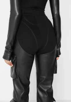 Bandage And Vegan Leather Racer Neck Cargo Pocket Jumpsuit