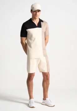 Colour Block Knit Revere Polo Top - Black/Beige
