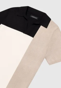 Colour Block Knit Revere Polo Top - Black/Beige