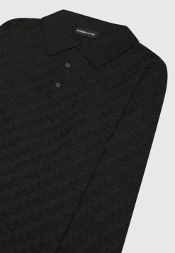 Cotton Blend Waffle Knit Long Sleeve Polo Top