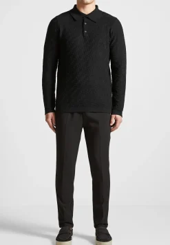 Cotton Blend Waffle Knit Long Sleeve Polo Top