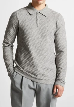 Cotton Blend Waffle Knit Long Sleeve Polo Top