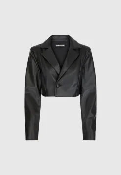 Cropped Vegan Leather Blazer With Open Back