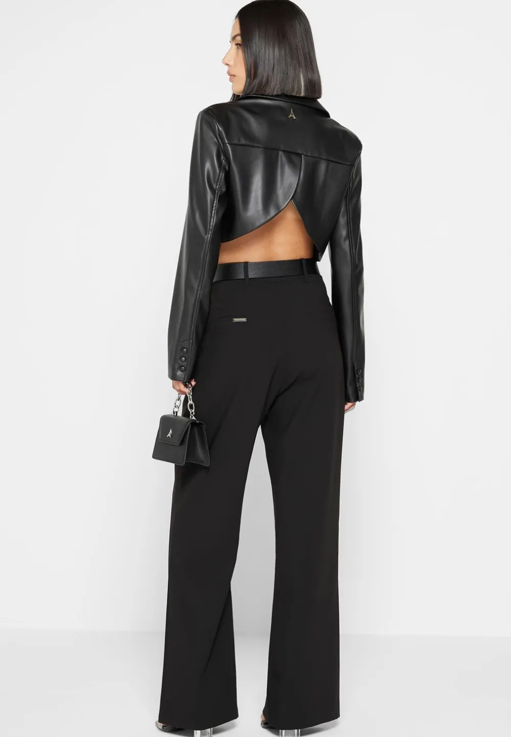 Cropped Vegan Leather Blazer With Open Back