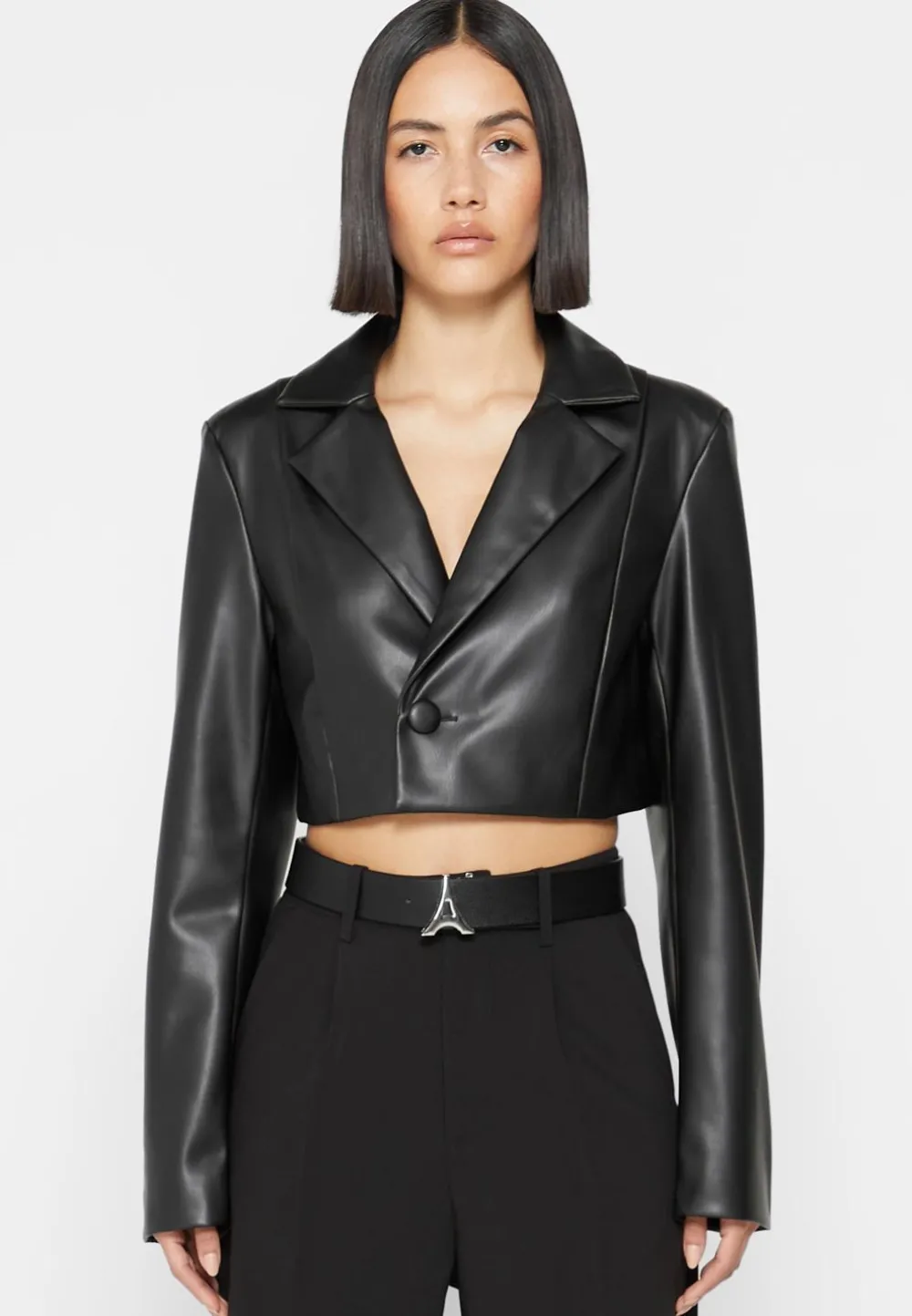 Cropped Vegan Leather Blazer With Open Back