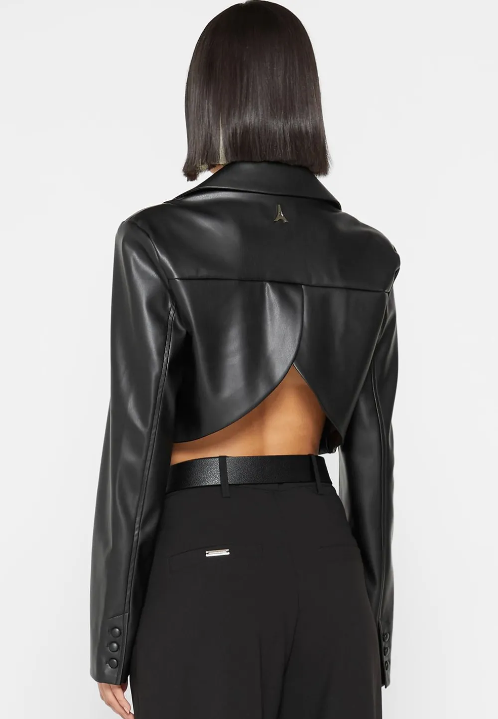 Cropped Vegan Leather Blazer With Open Back
