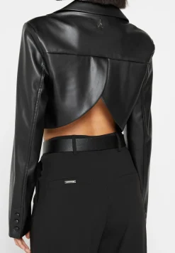 Cropped Vegan Leather Blazer With Open Back
