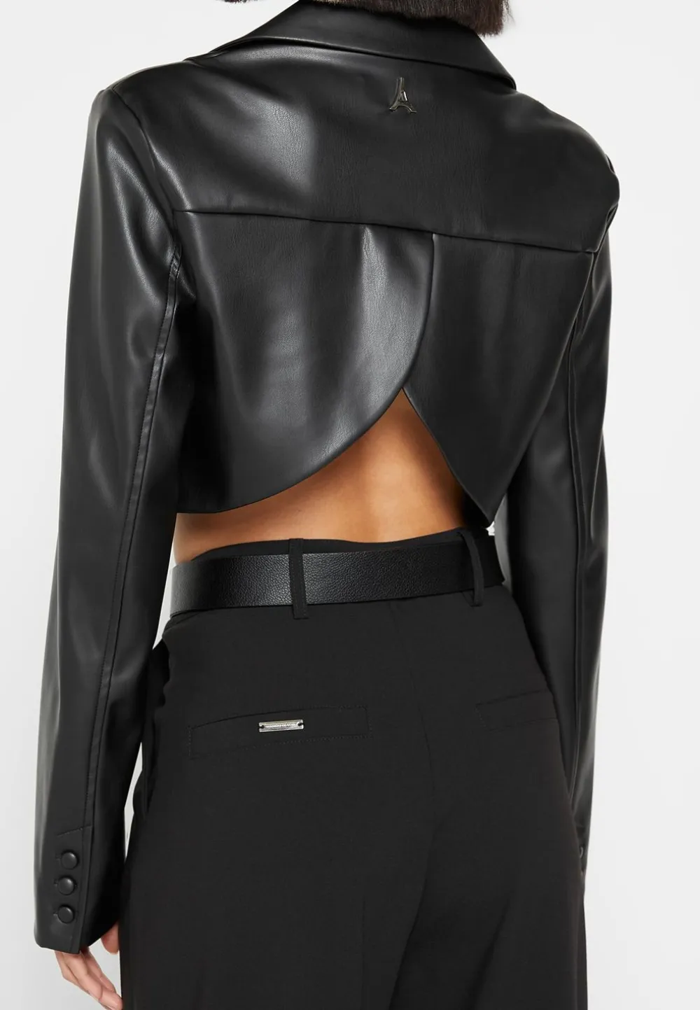 Cropped Vegan Leather Blazer With Open Back