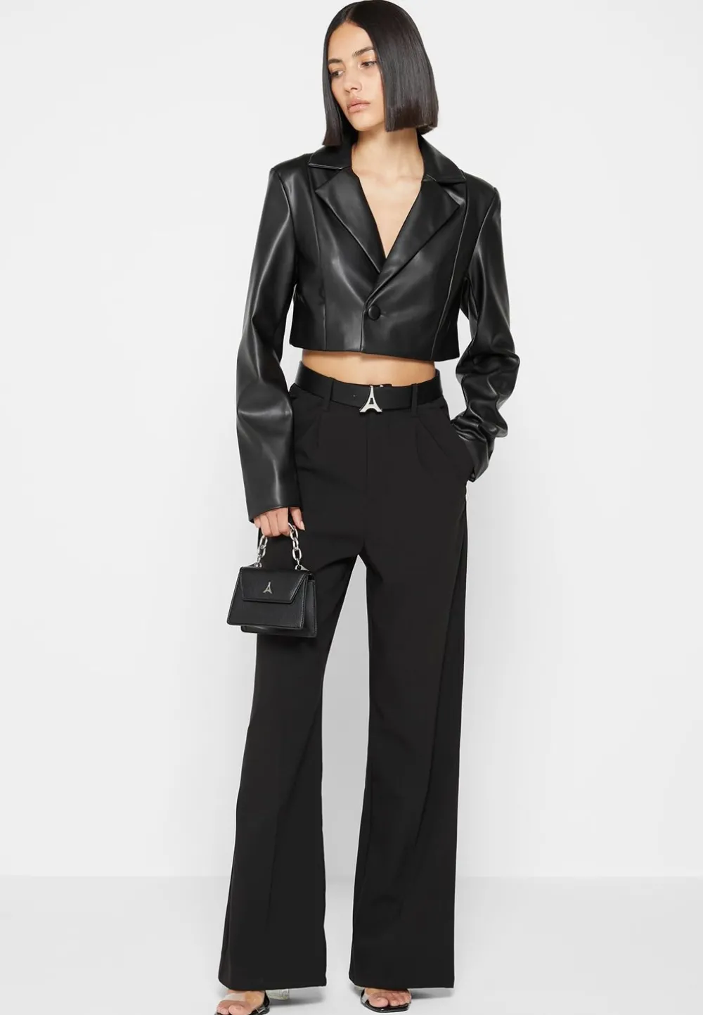 Cropped Vegan Leather Blazer With Open Back