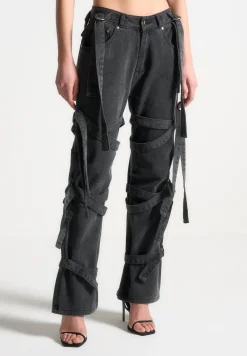 Denim Strap Cargo Jeans - Washed Black