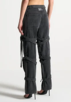 Denim Strap Cargo Jeans - Washed Black