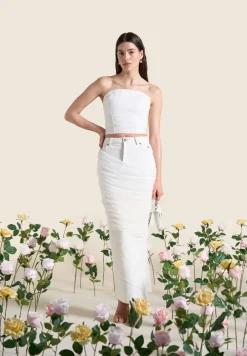 Draped Mesh Denim Maxi Skirt