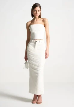 Draped Mesh Denim Maxi Skirt