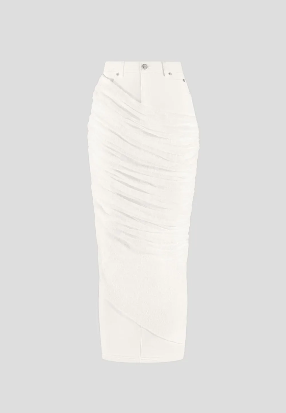 Draped Mesh Denim Maxi Skirt