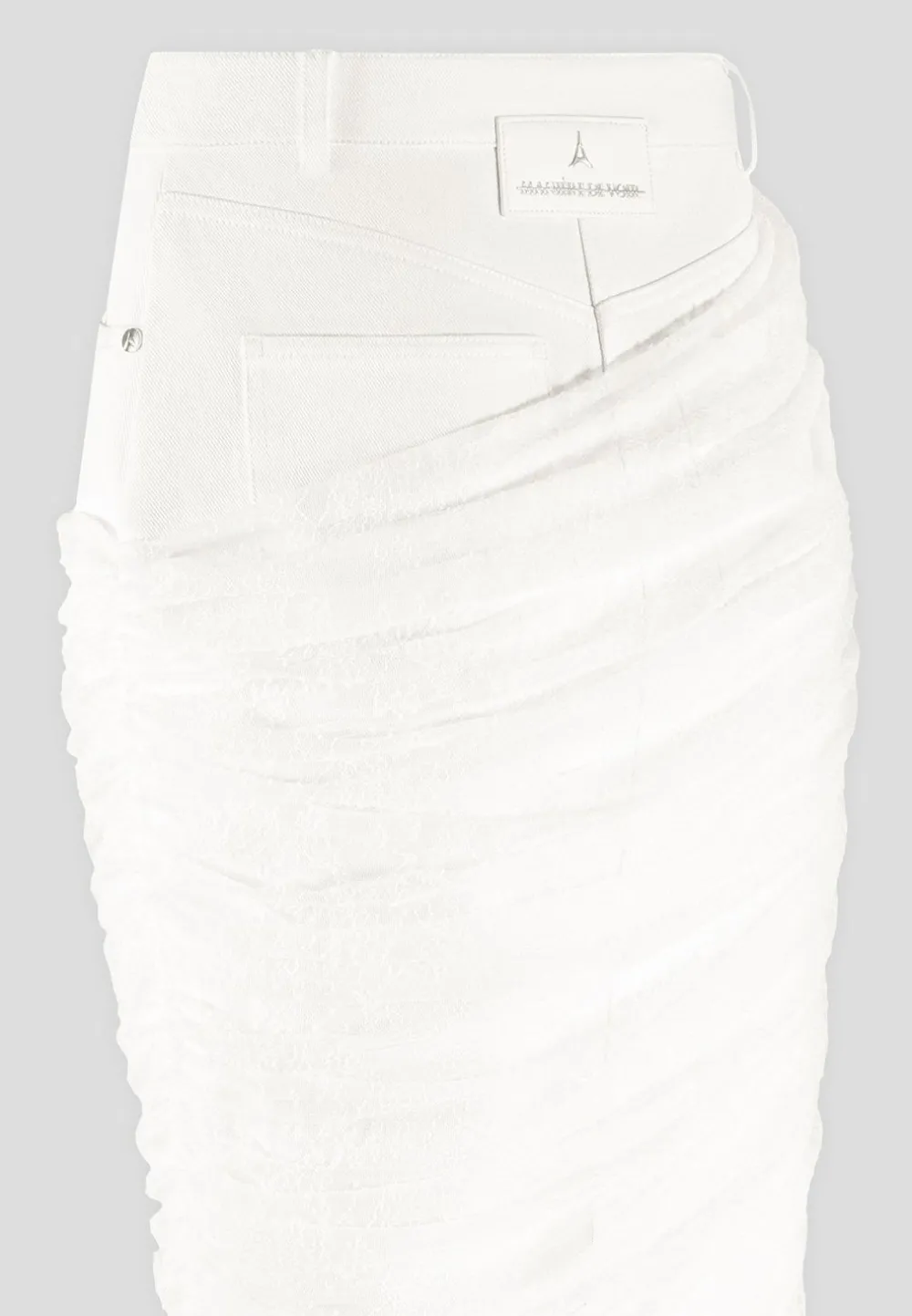 Draped Mesh Denim Maxi Skirt