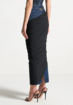 Draped Mesh Denim Maxi Skirt