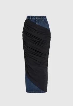 Draped Mesh Denim Maxi Skirt