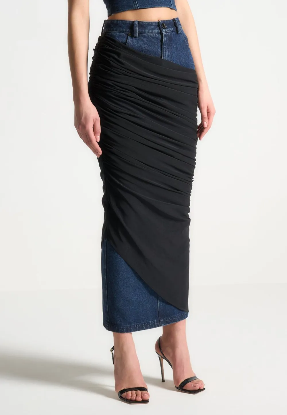 Draped Mesh Denim Maxi Skirt
