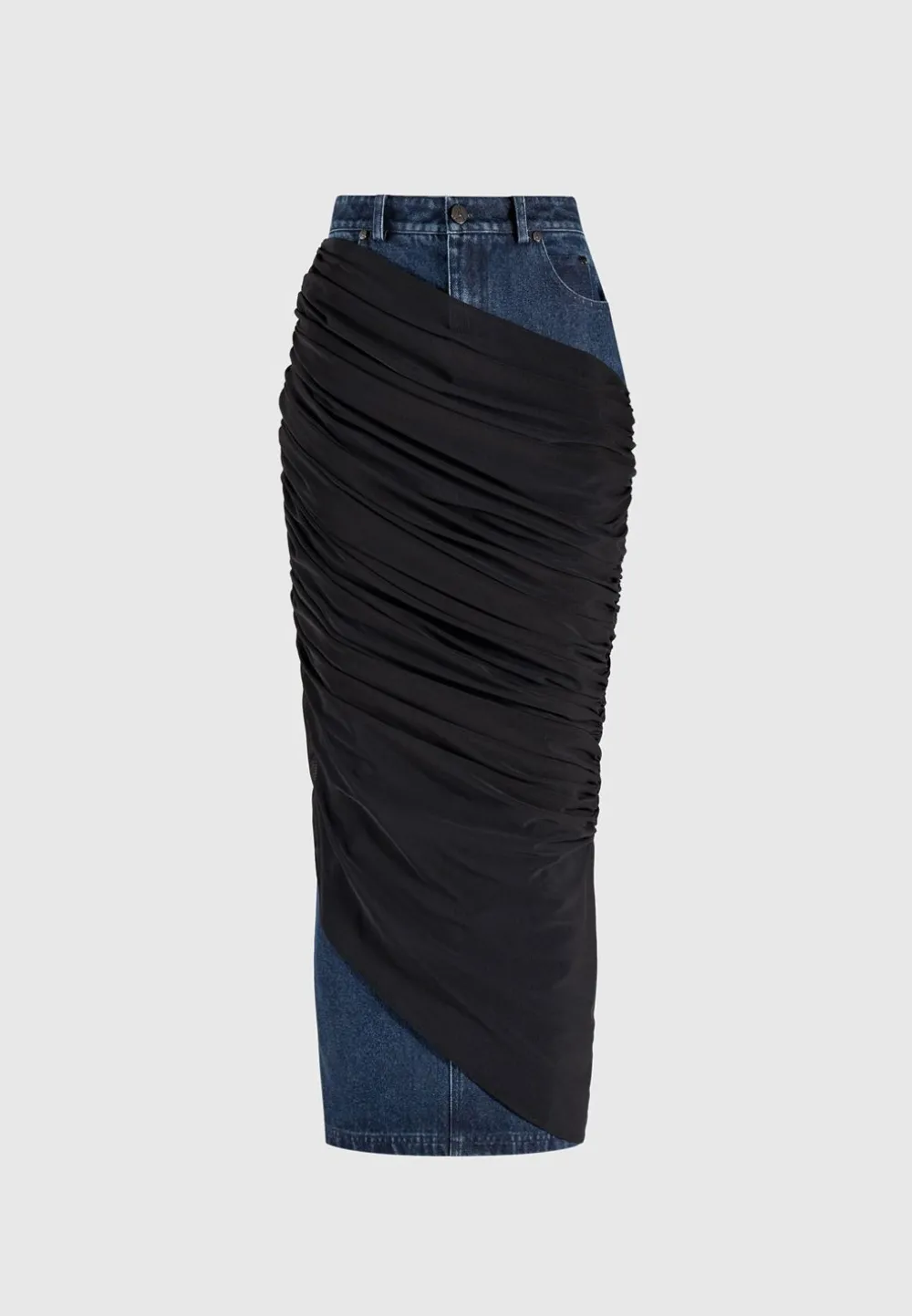 Draped Mesh Denim Maxi Skirt