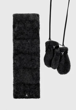 Eiffel Plush Mittens And Vegan Leather And Plush Puffer Scarf Set - Bl