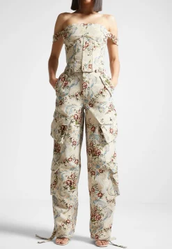 Floral Jacquard High Waisted Cargo Pants