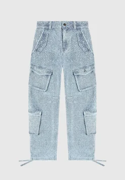 High Waisted Boucle Denim Cargo Pants
