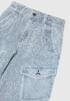 High Waisted Boucle Denim Cargo Pants