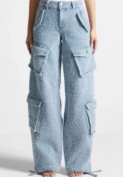 High Waisted Boucle Denim Cargo Pants