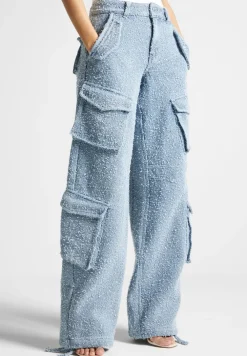 High Waisted Boucle Denim Cargo Pants