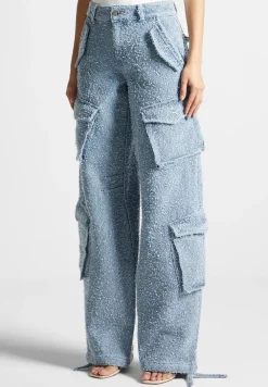 High Waisted Boucle Denim Cargo Pants