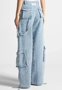 High Waisted Boucle Denim Cargo Pants