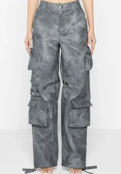 High Waisted Vintage Marble Leather Cargo Pants - Washed