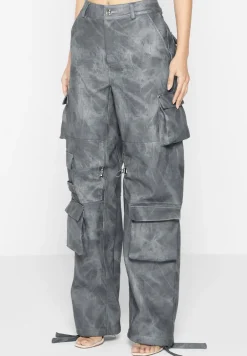 High Waisted Vintage Marble Leather Cargo Pants - Washed