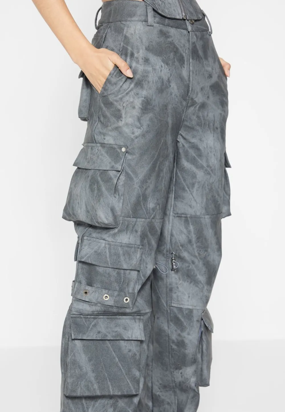 High Waisted Vintage Marble Leather Cargo Pants - Washed
