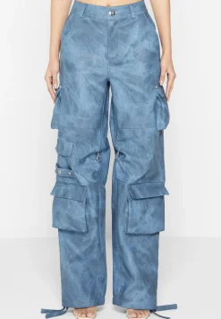 High Waisted Vintage Marble Leather Cargo Pants - Washed