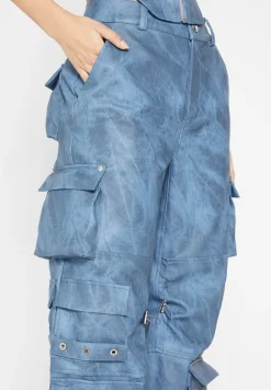 High Waisted Vintage Marble Leather Cargo Pants - Washed