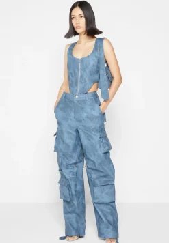 High Waisted Vintage Marble Leather Cargo Pants - Washed