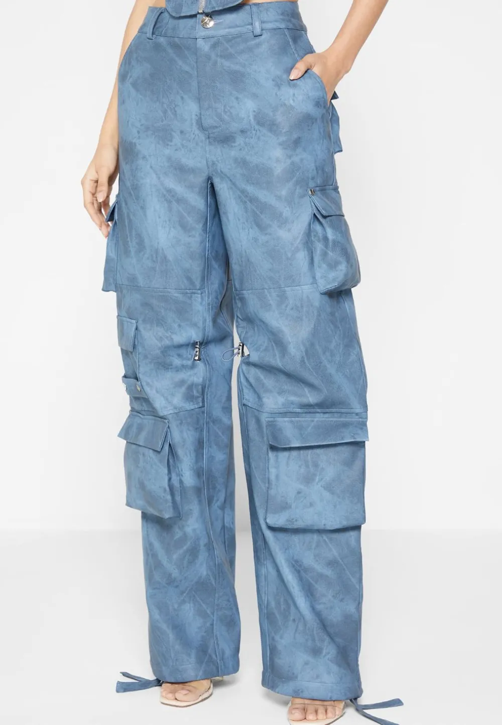 High Waisted Vintage Marble Leather Cargo Pants - Washed