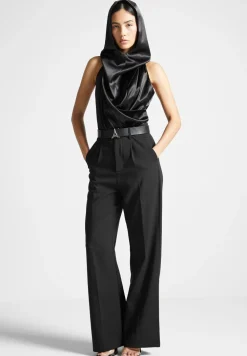Hooded Cowl Neck Satin Wrap Bodysuit