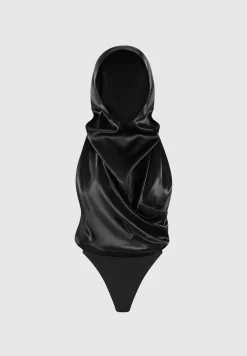 Hooded Cowl Neck Satin Wrap Bodysuit