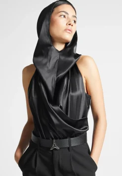 Hooded Cowl Neck Satin Wrap Bodysuit