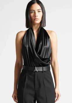 Hooded Cowl Neck Satin Wrap Bodysuit
