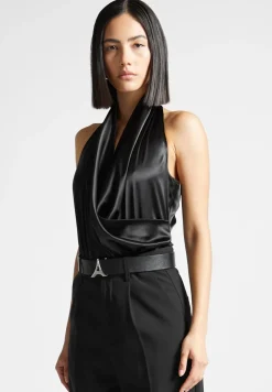 Hooded Cowl Neck Satin Wrap Bodysuit