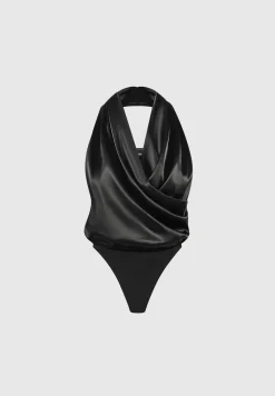 Hooded Cowl Neck Satin Wrap Bodysuit