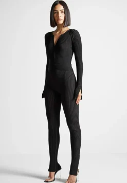 Knitted Two Tone Jumpsuit With Belt