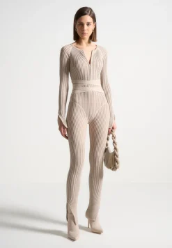 Knitted Two Tone Jumpsuit With Belt