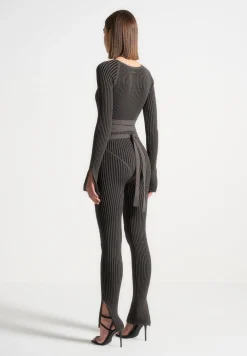 Knitted Two Tone Jumpsuit With Belt