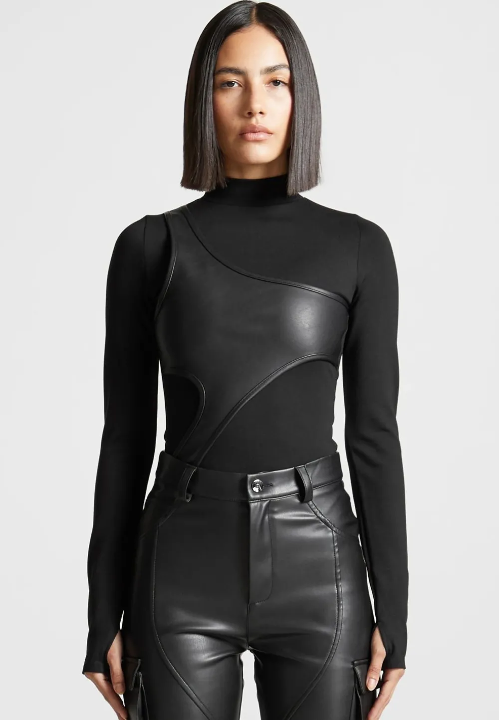 Leather Overlay High Neck Bodysuit